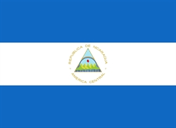 [ai] The flag of Nicaragua features three horizontal stripes: two blue stripes at the top and bottom, and a white stripe in the center. The national emblem is displayed in the center of the white stripe.